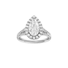 Pear-cut diamond engagement ring with a channel-set diamond band and halo setting.