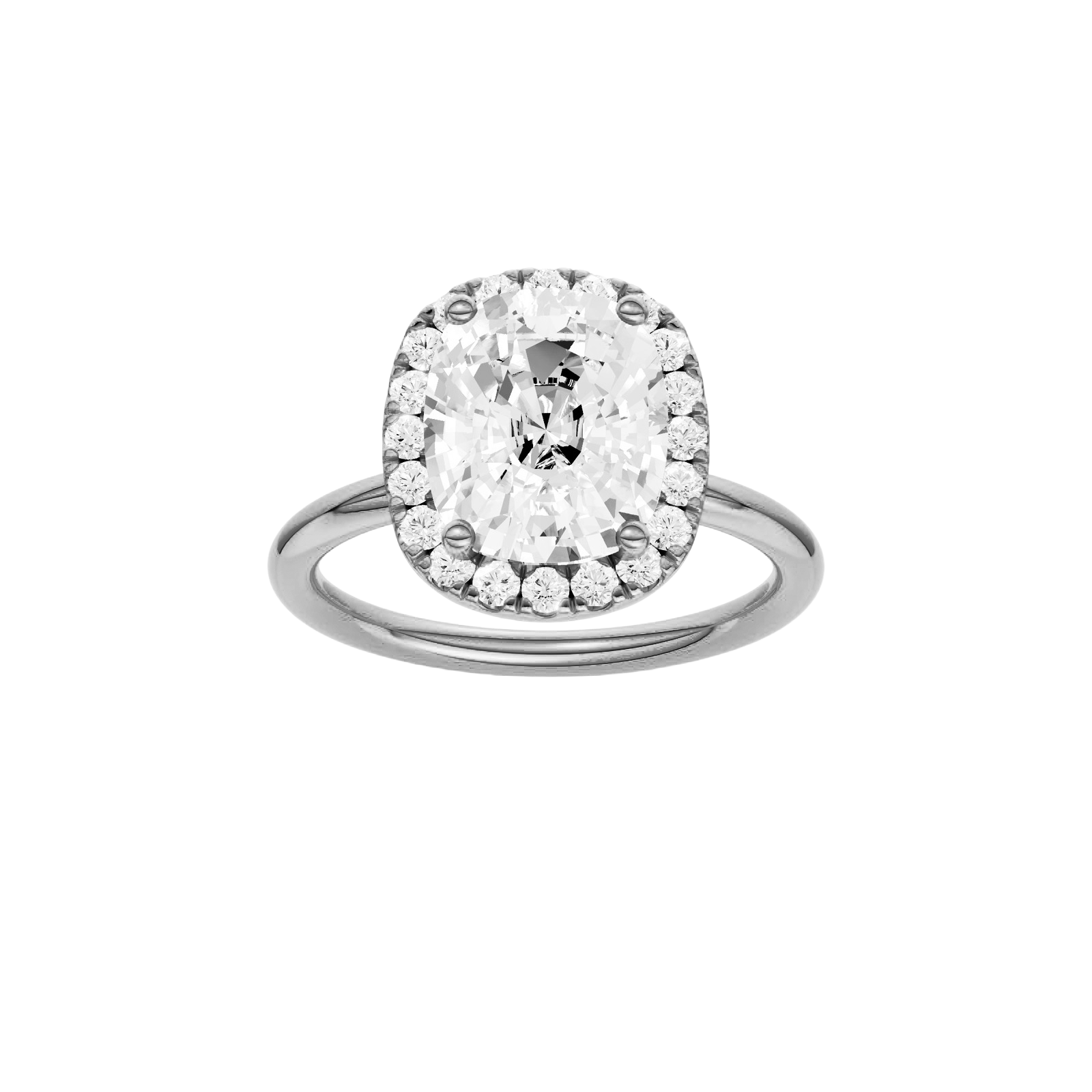 Elongated cushion-cut diamond engagement ring in 14k white gold with a plain band and halo setting