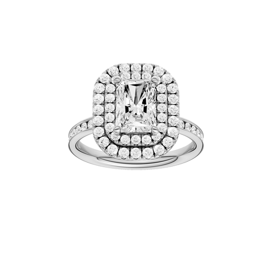 Radiant-cut diamond engagement ring with a channel-set diamond band and double-halo setting.