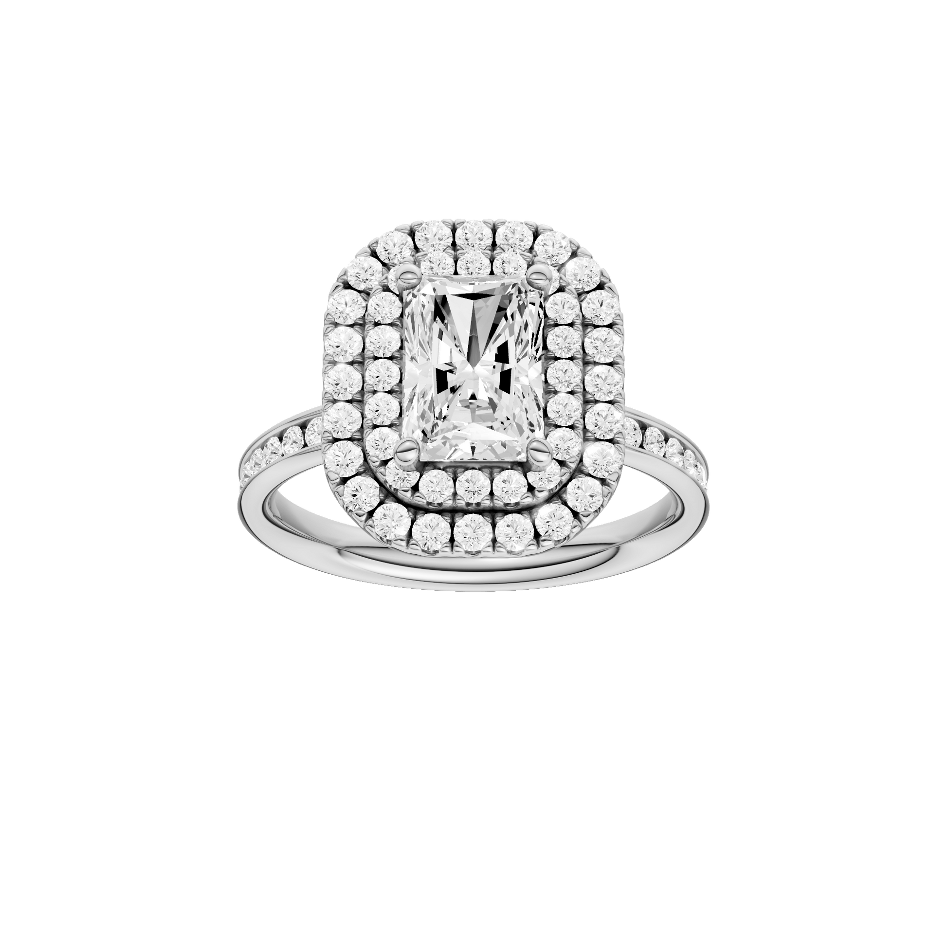 Radiant-cut diamond engagement ring with a channel-set diamond band and double-halo setting.
