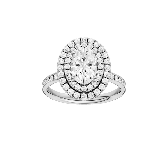 Oval-cut diamond engagement ring with a channel-set diamond band and double-halo setting.