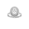 Oval-cut diamond engagement ring with a channel-set diamond band and double-halo setting.