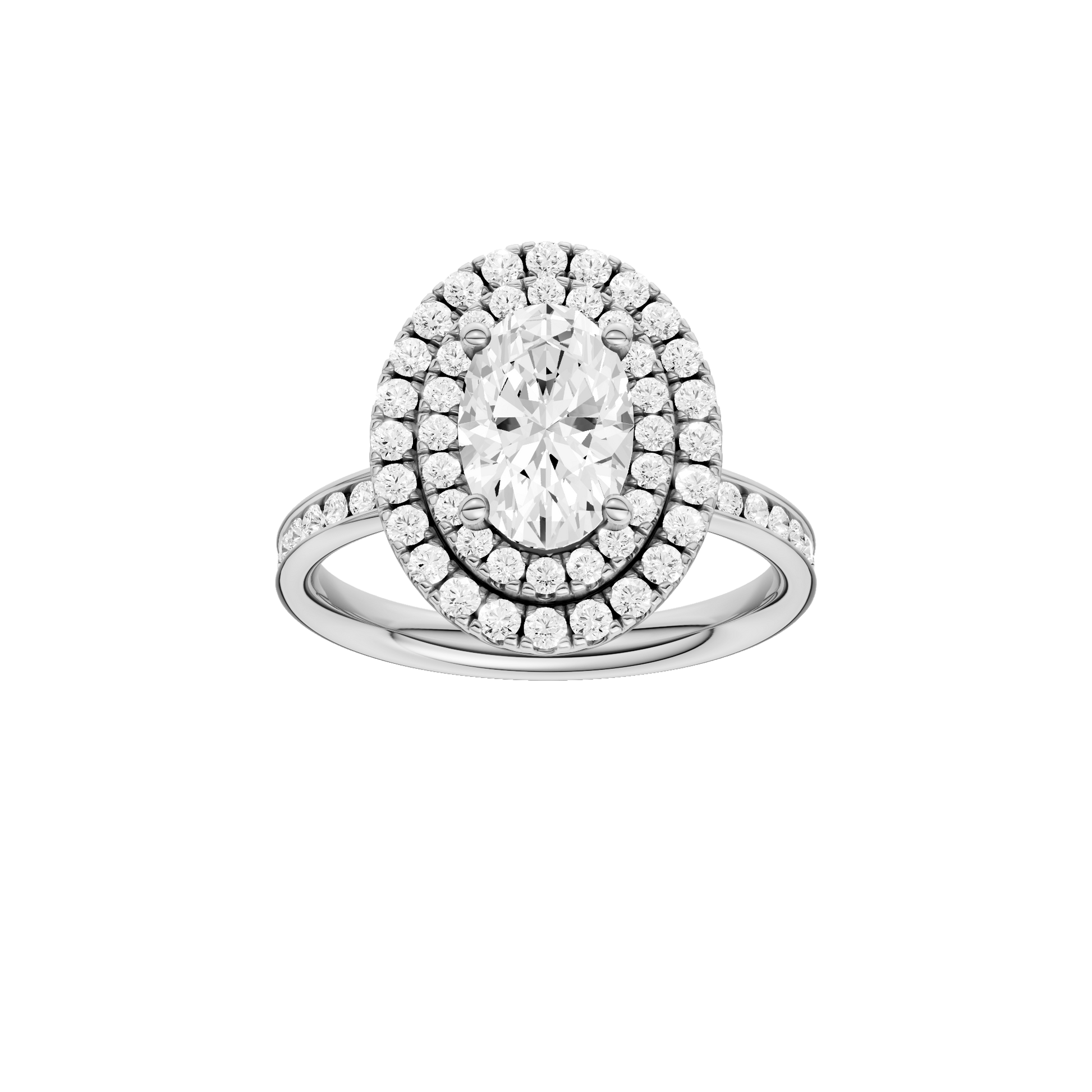 Oval-cut diamond engagement ring with a channel-set diamond band and double-halo setting.