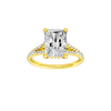Radiant-cut diamond engagement ring with a prong-set diamond band and hidden-halo setting.