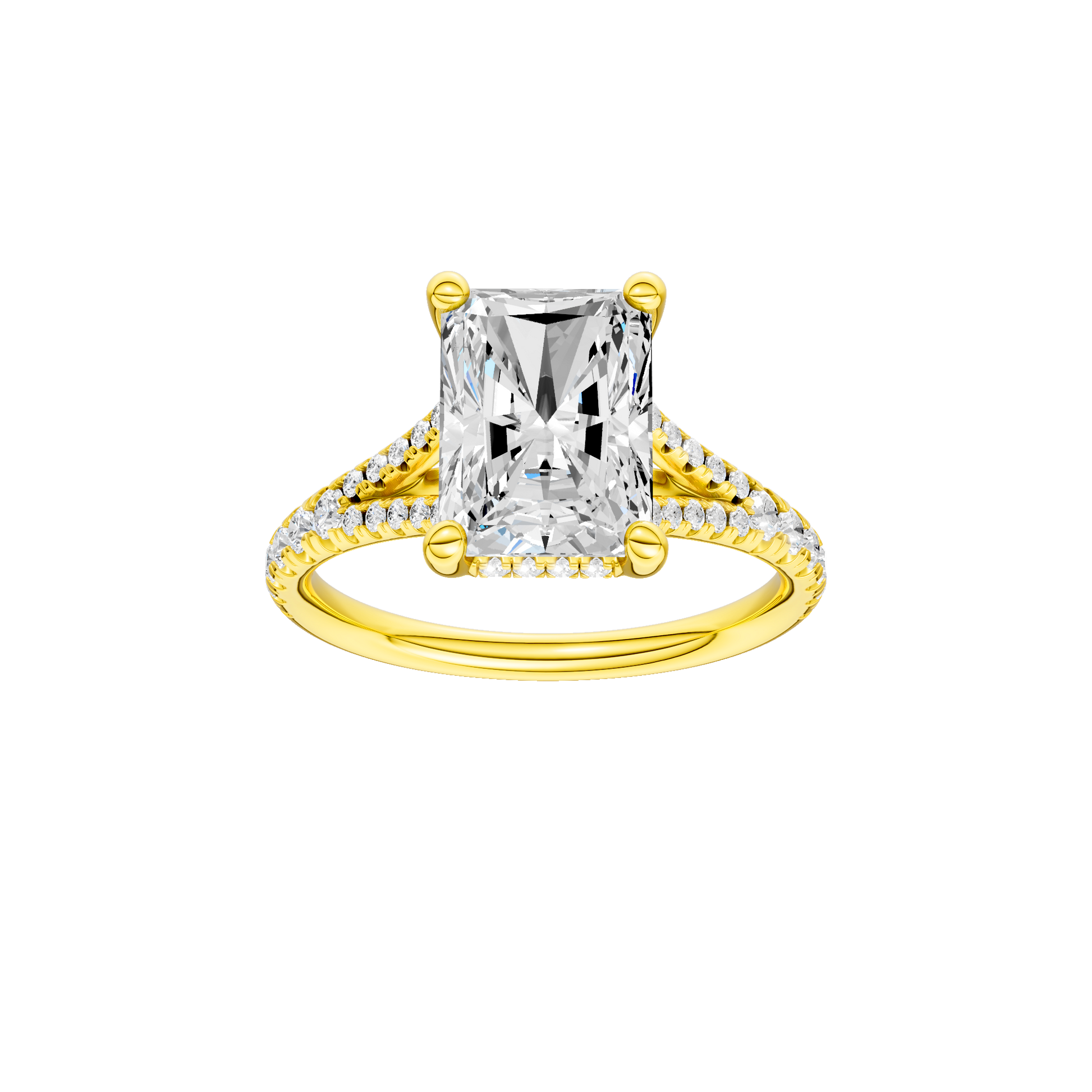Radiant-cut diamond engagement ring with a prong-set diamond band and hidden-halo setting.