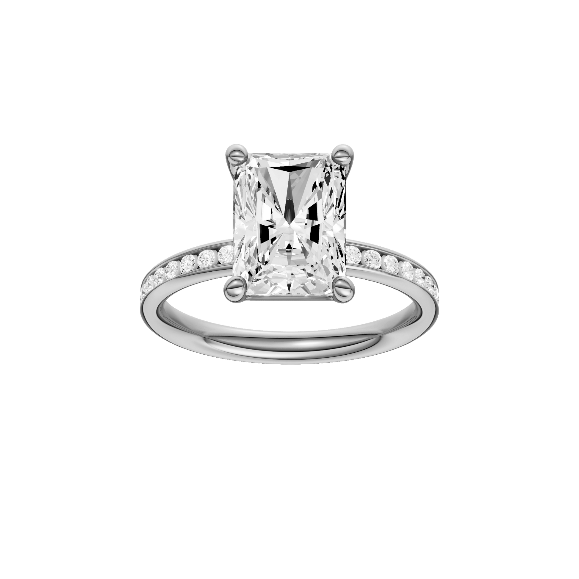 Radiant-cut diamond engagement ring with a channel-set diamond band and solitaire setting.