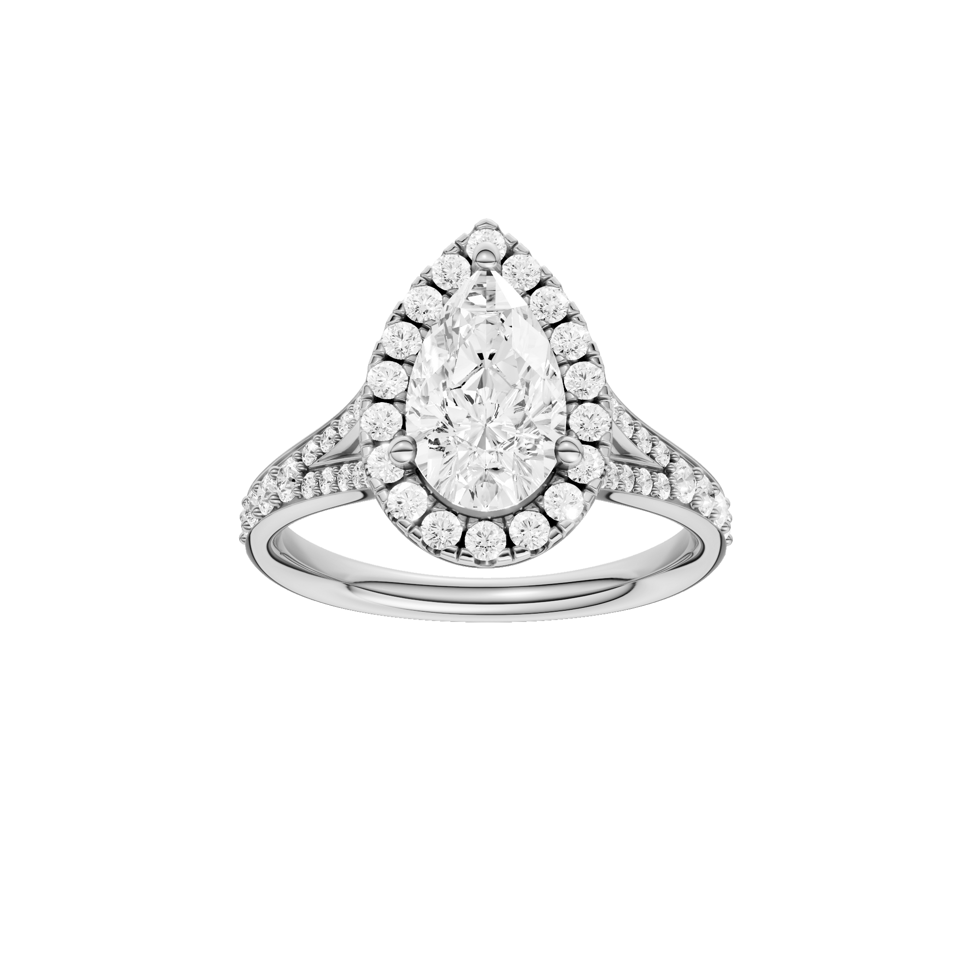 Pear-cut diamond engagement ring with a channel-set diamond band and halo setting.