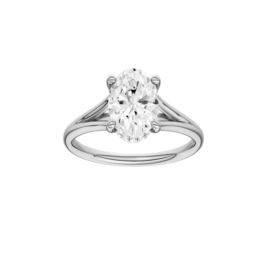 Oval-cut diamond engagement ring with a plain band and hidden-halo setting.