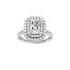 Radiant-cut diamond engagement ring with a channel-set diamond band and double-halo setting.