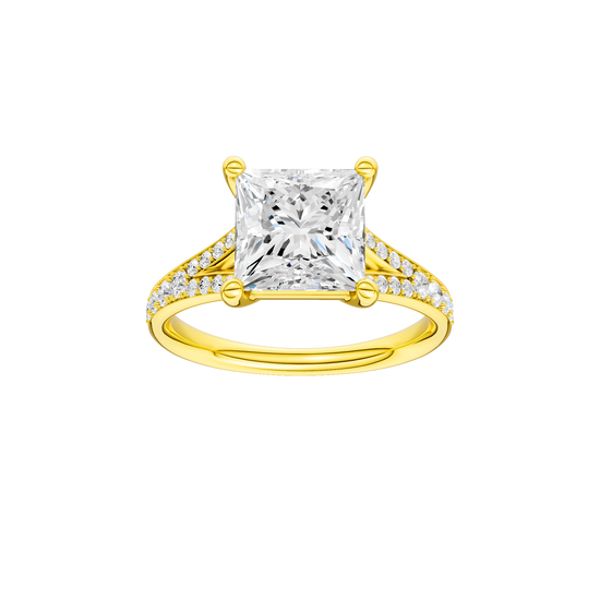 Princess-cut diamond engagement ring with a channel-set diamond band and solitaire setting.