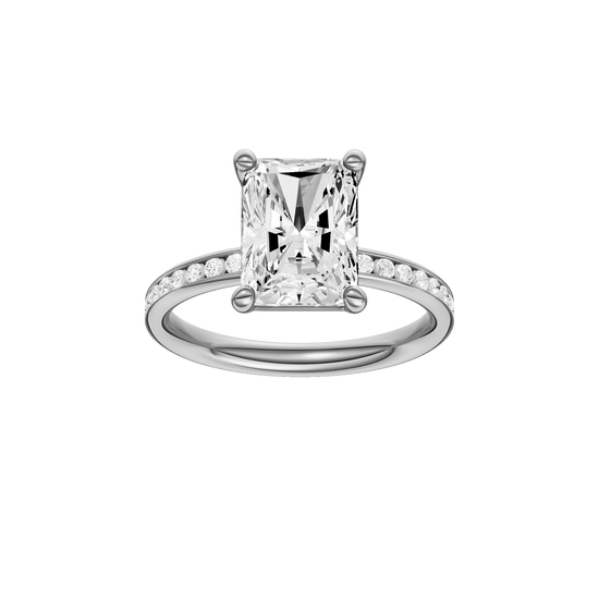 Radiant-cut diamond engagement ring with a channel-set diamond band and solitaire setting.