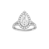 Pear-cut diamond engagement ring with a channel-set diamond band and halo setting.