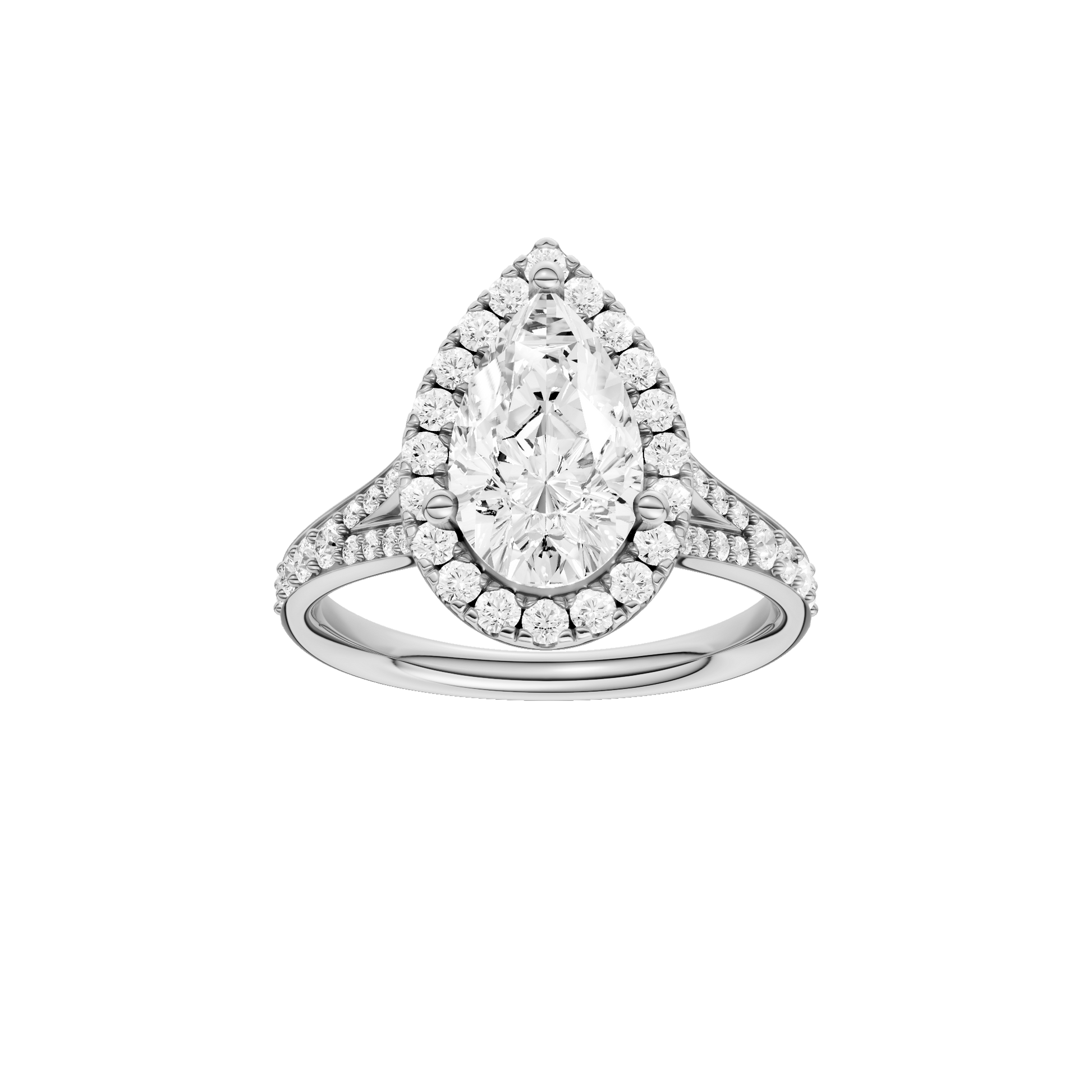 Pear-cut diamond engagement ring with a channel-set diamond band and halo setting.