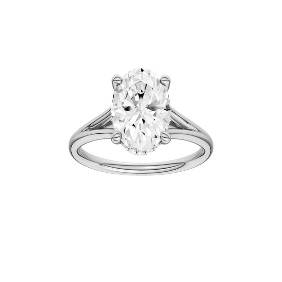 Oval-cut diamond engagement ring with a plain band and hidden-halo setting.