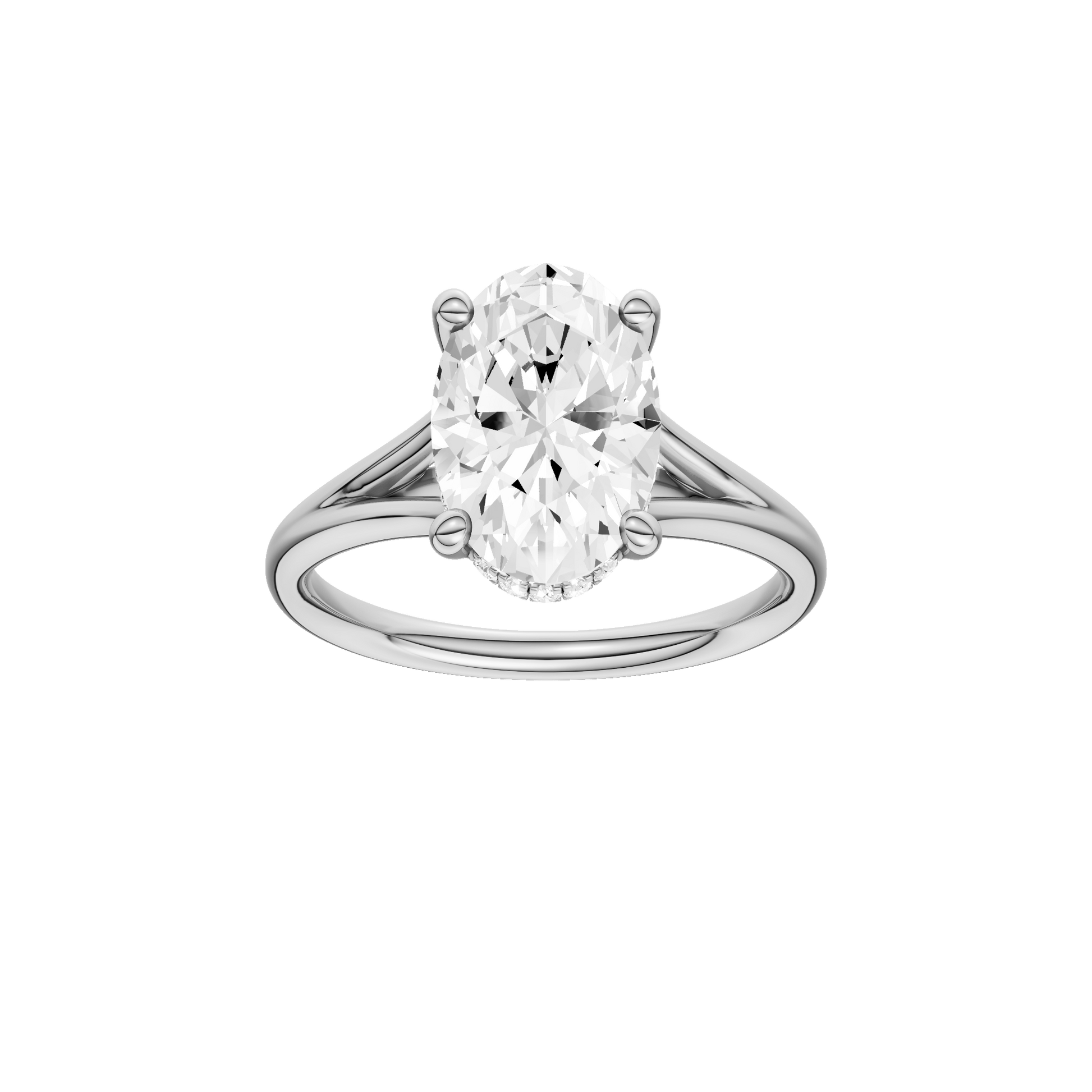 Oval-cut diamond engagement ring with a plain band and hidden-halo setting.