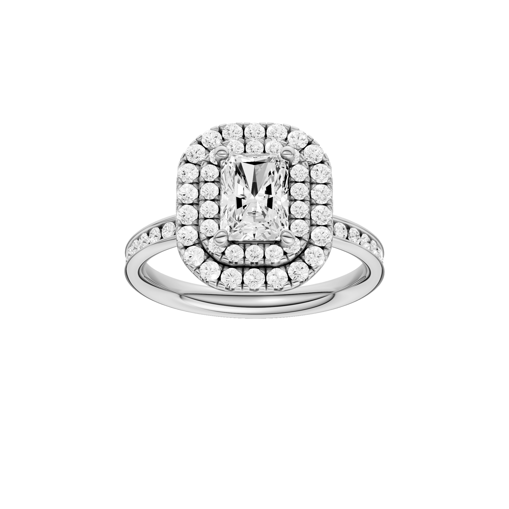Radiant-cut diamond engagement ring with a channel-set diamond band and double-halo setting.