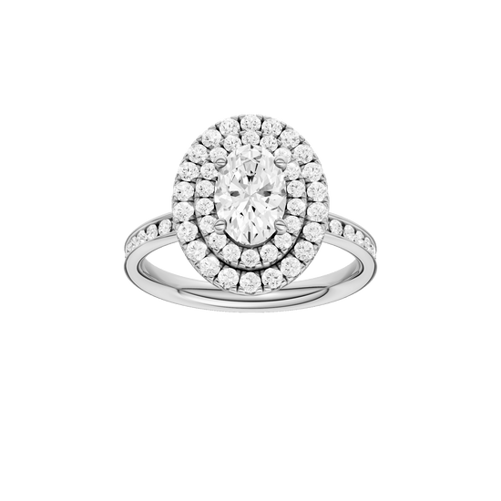 Oval-cut diamond engagement ring with a channel-set diamond band and double-halo setting.