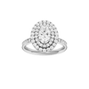 Oval-cut diamond engagement ring with a channel-set diamond band and double-halo setting.