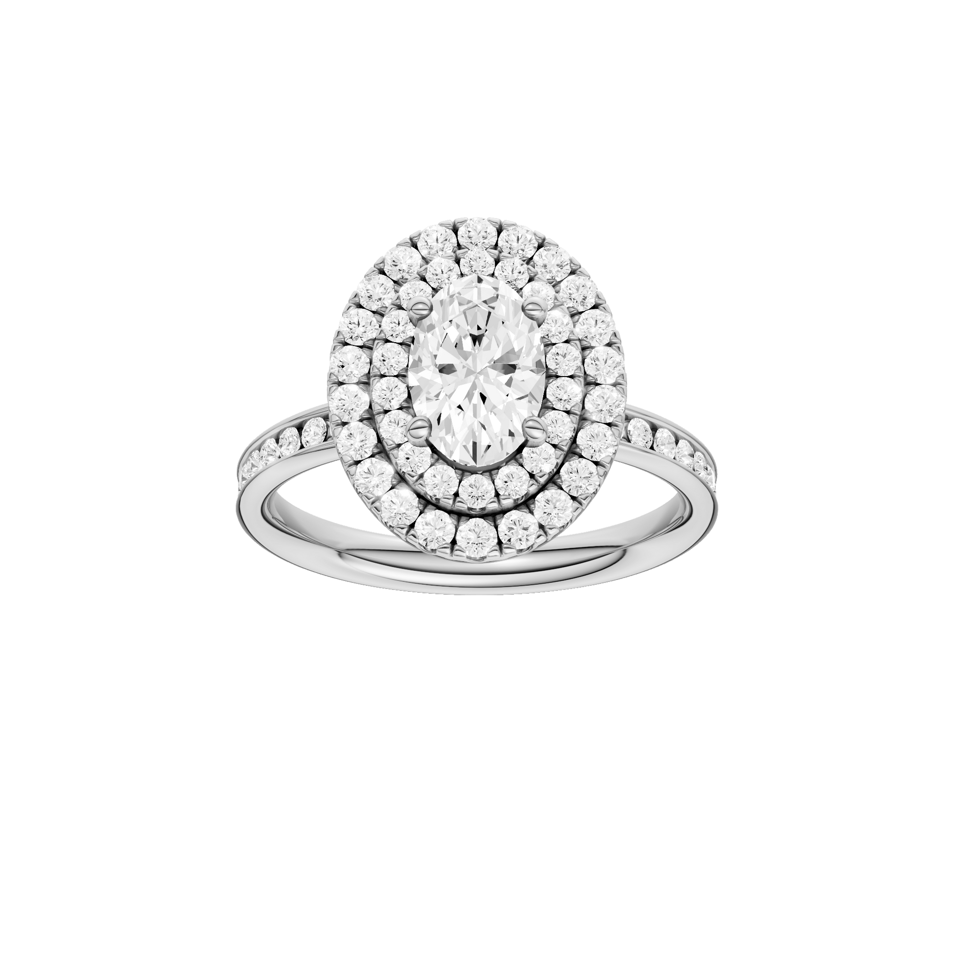Oval-cut diamond engagement ring with a channel-set diamond band and double-halo setting.