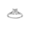 Radiant-cut diamond engagement ring with a prong-set diamond band and hidden-halo setting.