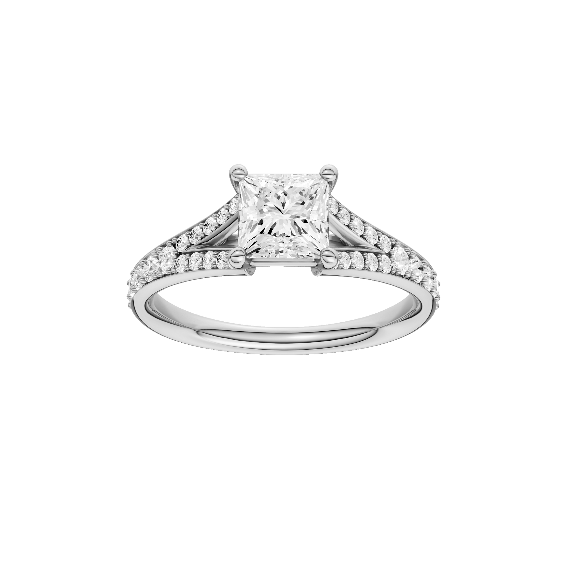Princess-cut diamond engagement ring with a channel-set diamond band and solitaire setting.