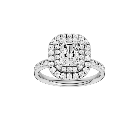 Radiant-cut diamond engagement ring with a channel-set diamond band and double-halo setting.