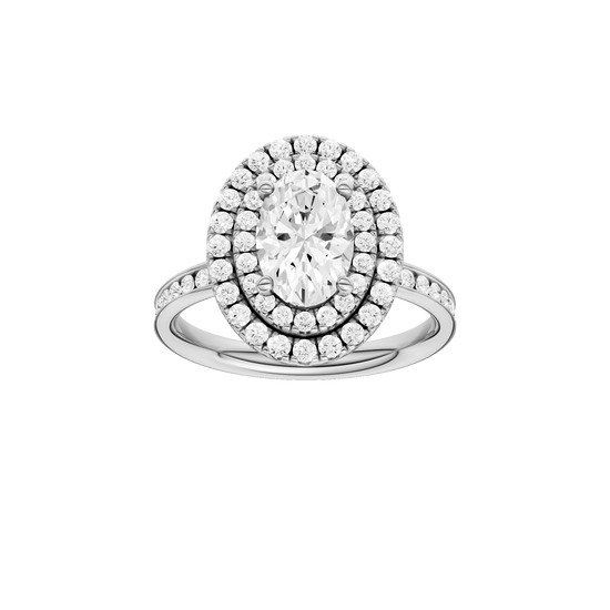 Oval-cut diamond engagement ring with a channel-set diamond band and double-halo setting.