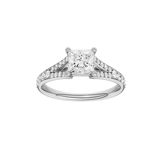 Princess-cut diamond engagement ring with a channel-set diamond band and solitaire setting.