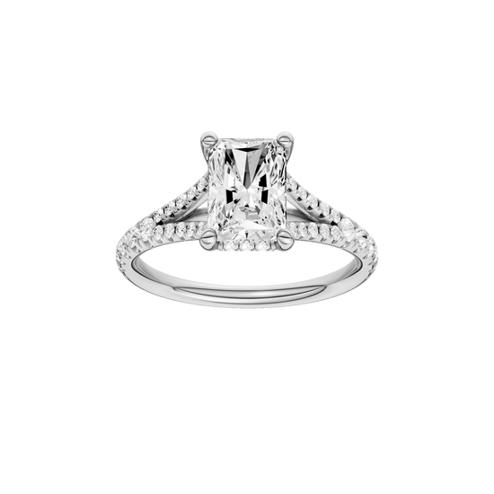 Radiant-cut diamond engagement ring with a prong-set diamond band and hidden-halo setting.