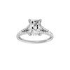 Radiant-cut diamond engagement ring with a prong-set diamond band and hidden-halo setting.