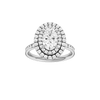 Oval-cut diamond engagement ring with a channel-set diamond band and double-halo setting.