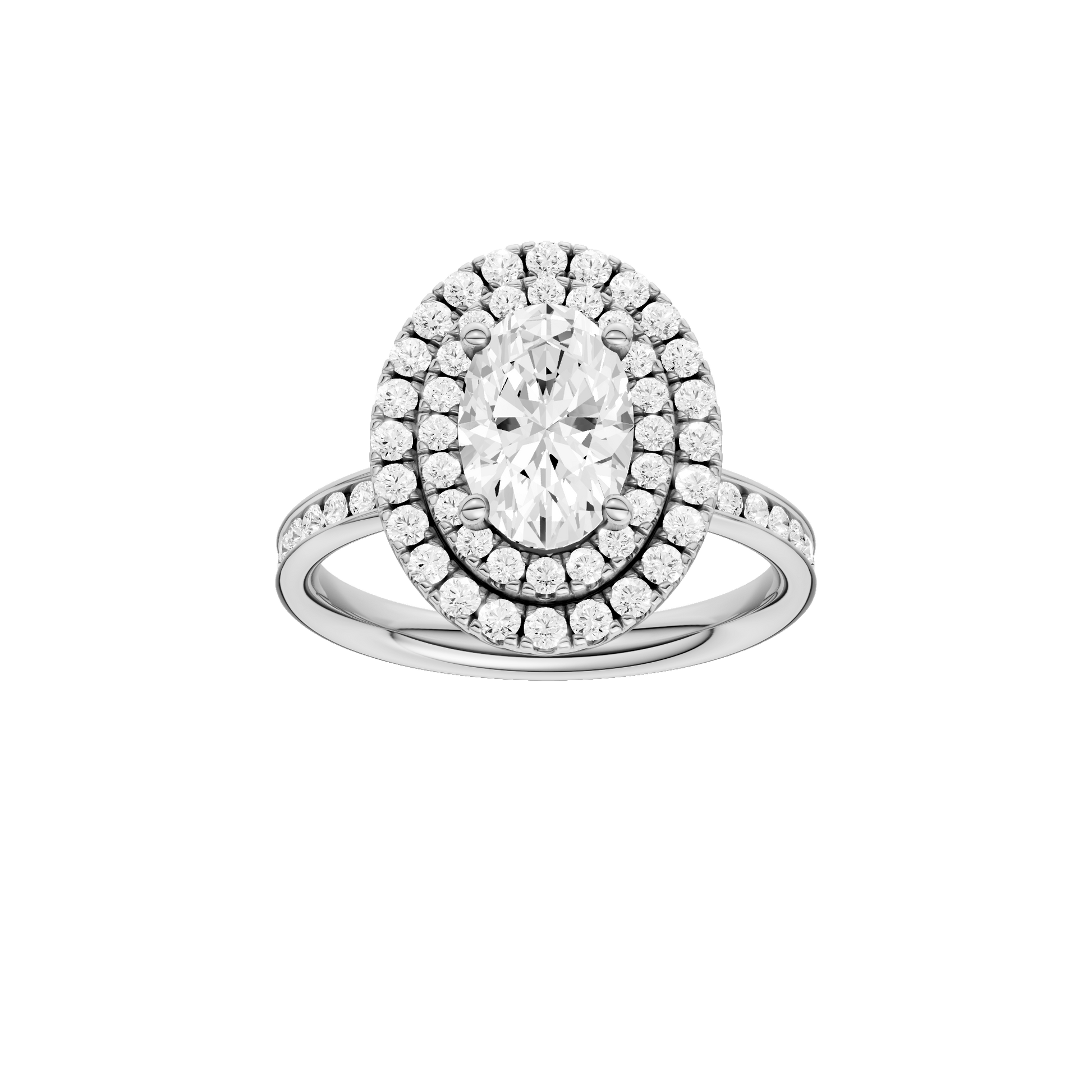 Oval-cut diamond engagement ring with a channel-set diamond band and double-halo setting.