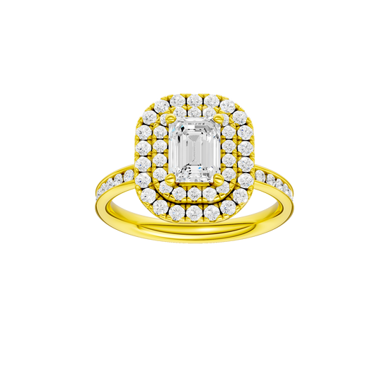 Emerald-cut diamond engagement ring with a channel-set diamond band and double-halo setting.