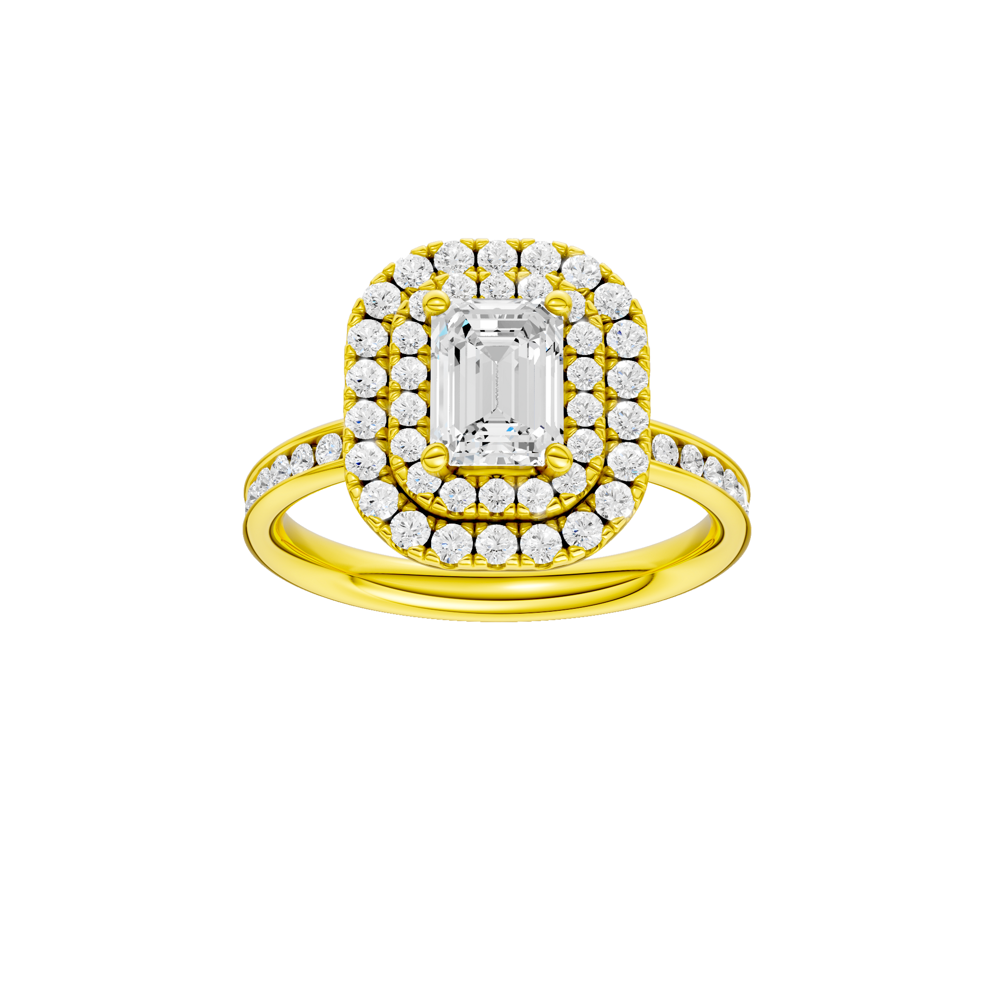 Emerald-cut diamond engagement ring with a channel-set diamond band and double-halo setting.