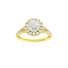 Round-cut diamond engagement ring with a prong-set diamond band and halo setting.