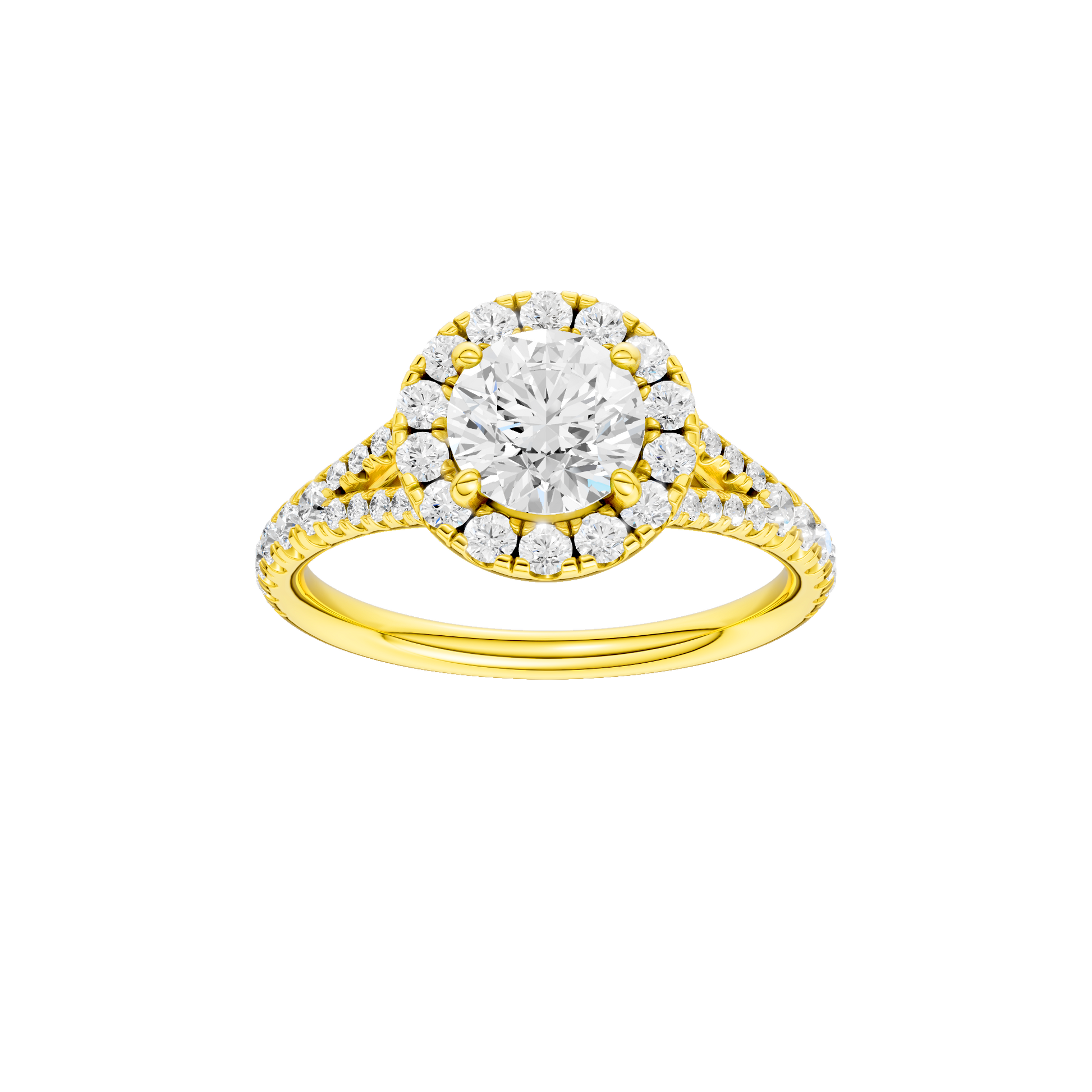 Round-cut diamond engagement ring with a prong-set diamond band and halo setting.