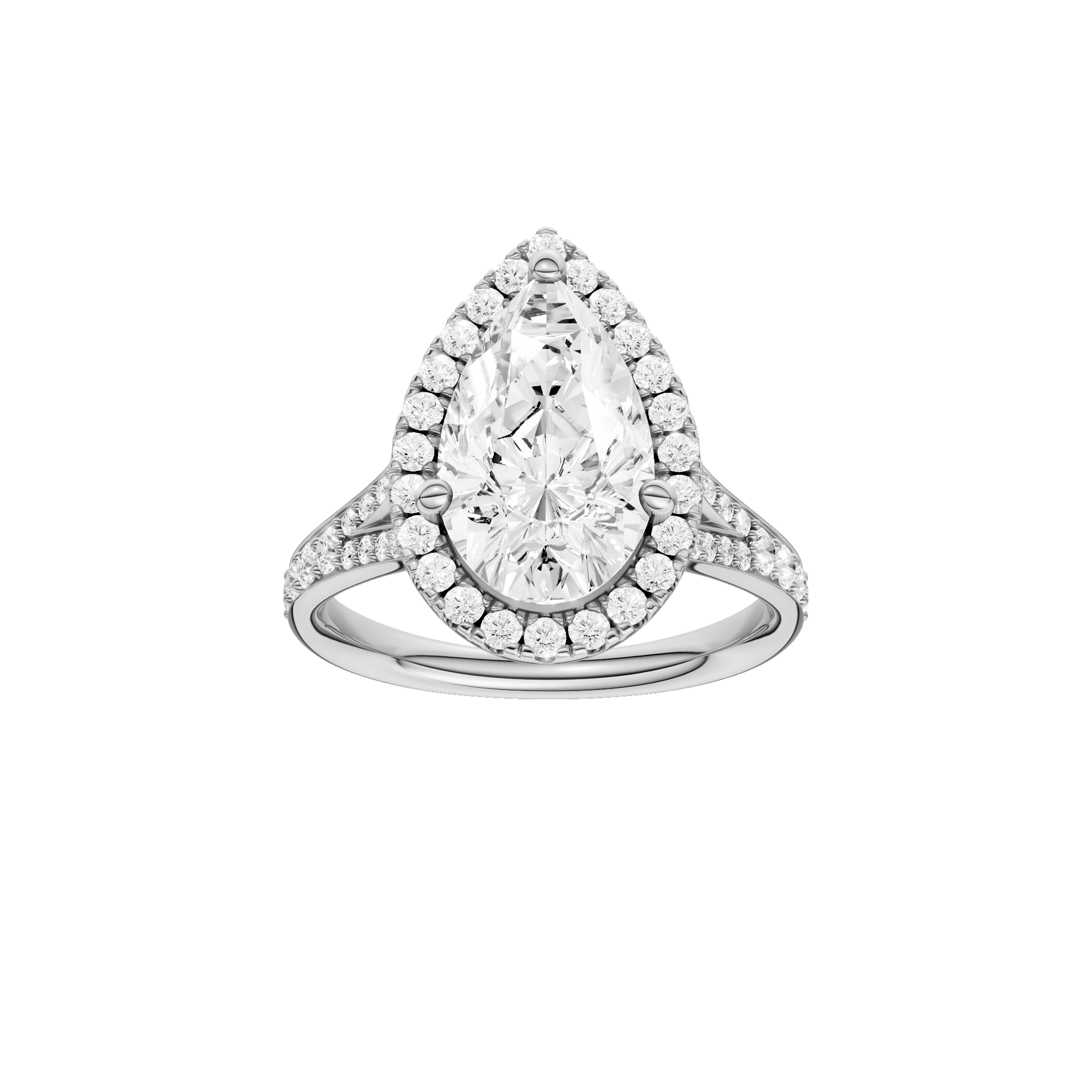 Pear-cut diamond engagement ring with a channel-set diamond band and halo setting.