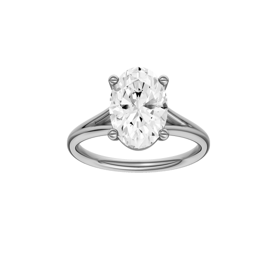 Oval-cut diamond engagement ring with a plain band and solitaire setting.