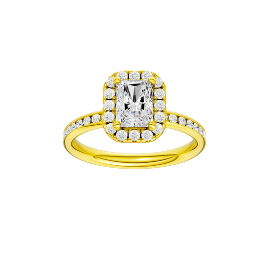 Radiant-cut diamond engagement ring with a channel-set diamond band and halo setting.