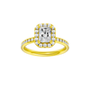 Radiant-cut diamond engagement ring with a channel-set diamond band and halo setting.