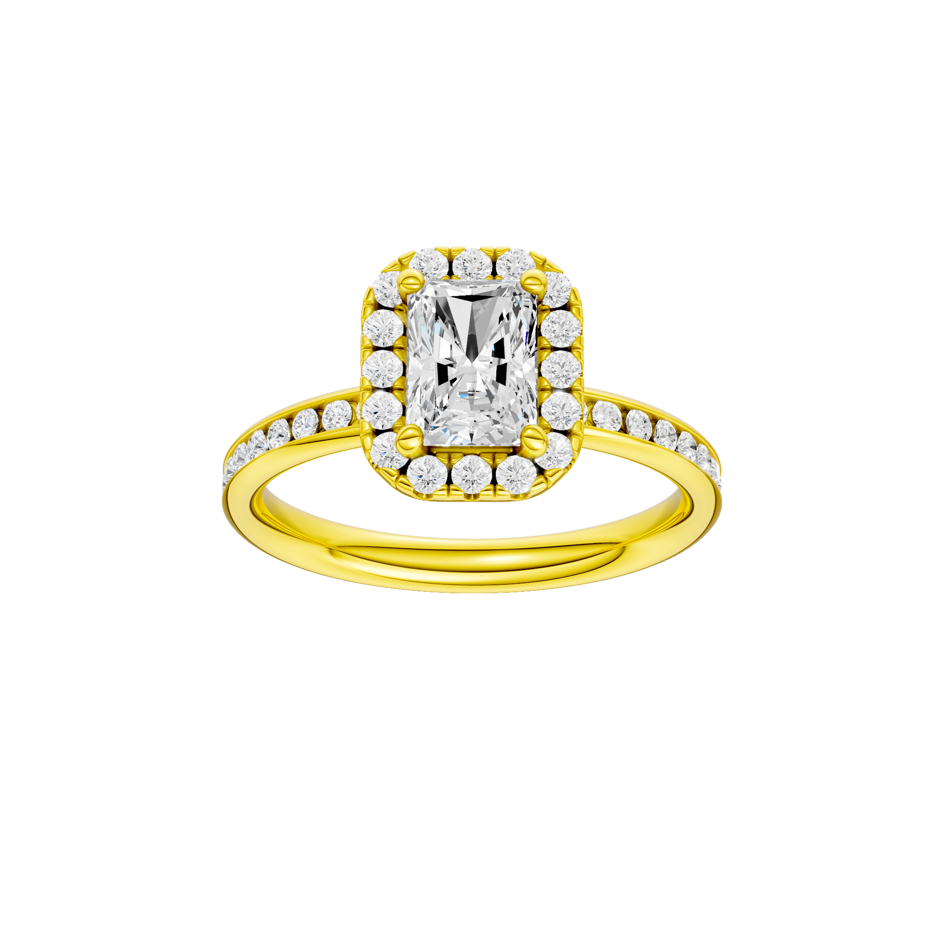 Radiant-cut diamond engagement ring with a channel-set diamond band and halo setting.