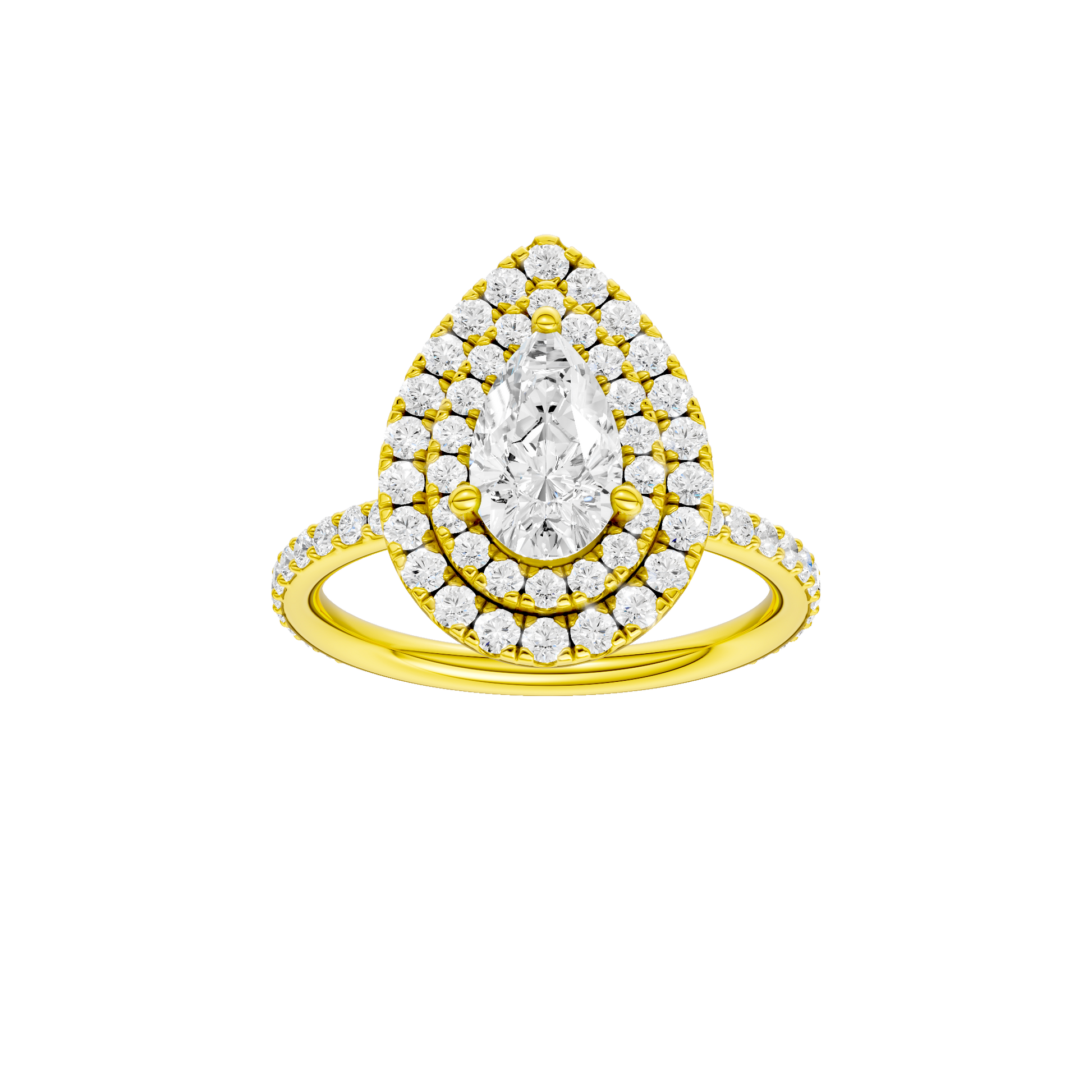 Pear-cut diamond engagement ring with a prong-set diamond band and double-halo setting.