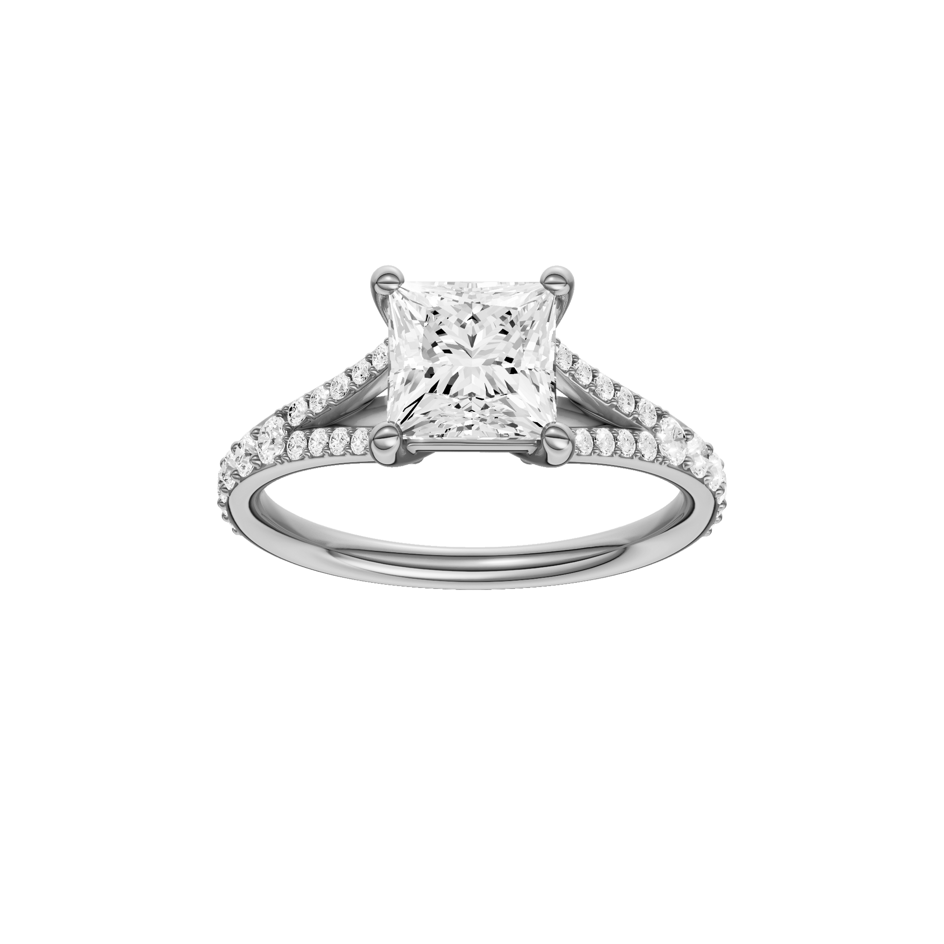 Princess-cut diamond engagement ring with a channel-set diamond band and solitaire setting.