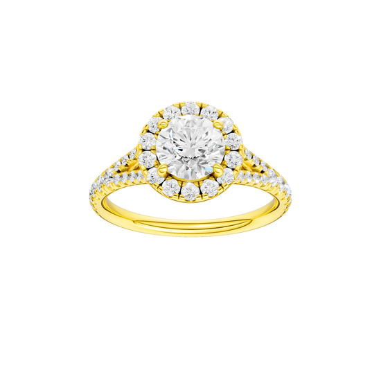 Round-cut diamond engagement ring with a prong-set diamond band and halo setting.