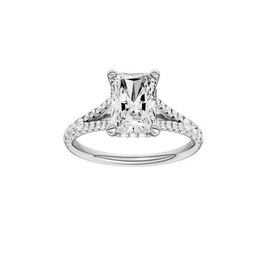 Radiant-cut diamond engagement ring with a prong-set diamond band and hidden-halo setting.