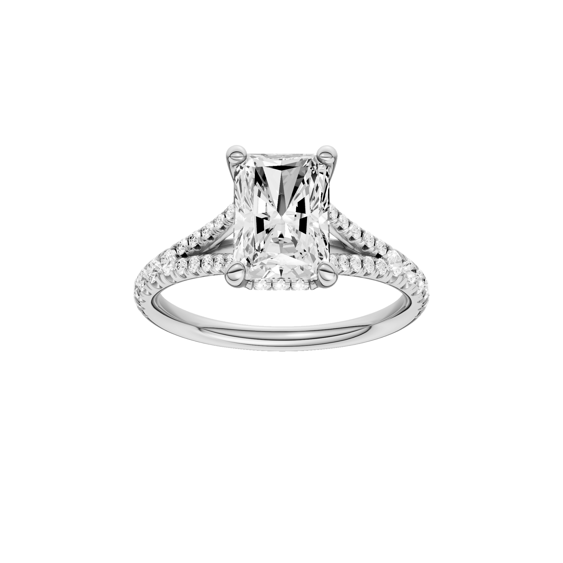 Radiant-cut diamond engagement ring with a prong-set diamond band and hidden-halo setting.