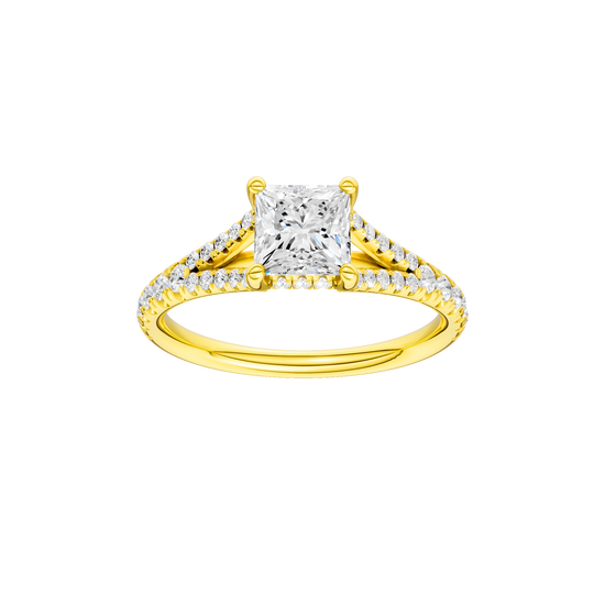 Princess-cut diamond engagement ring with a prong-set diamond band and hidden-halo setting.
