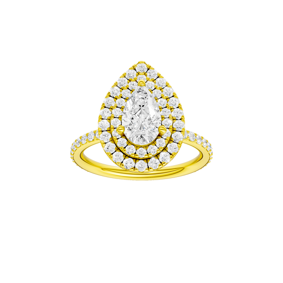 Pear-cut diamond engagement ring with a prong-set diamond band and double-halo setting.