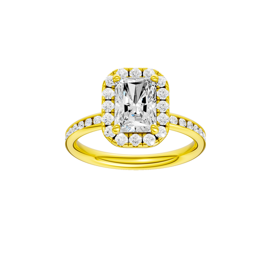 Radiant-cut diamond engagement ring with a channel-set diamond band and halo setting.