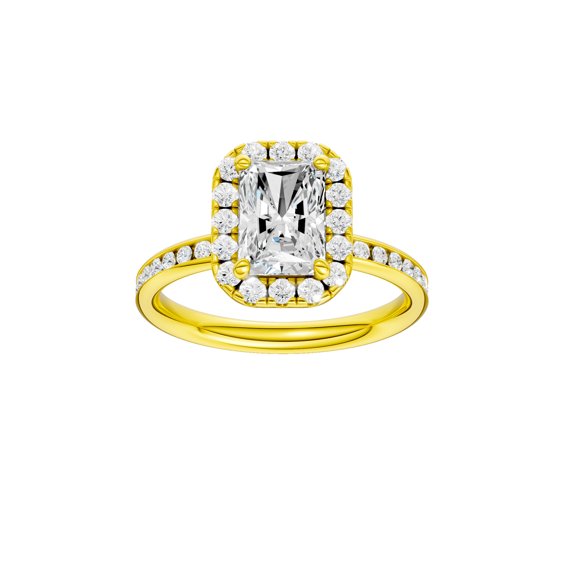 Radiant-cut diamond engagement ring with a channel-set diamond band and halo setting.